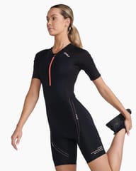 2XU Womens Aero Sleeved Trisuit Black/Hyper Coral