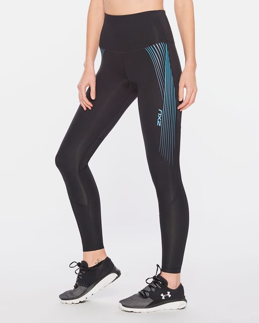2XU Womens Refresh Recovery Compression Tights Black/Teal Chrome Lines