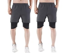 NAVYFIT Men's Running Active Wear Double Layer Shorts (MRS06) (Pack of 2) Dark Grey