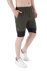 NAVYFIT Men's Running Active Wear Double Layer Shorts (MRS06) (Pack of 4) Olive Green