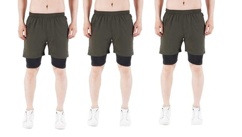 NAVYFIT Men's Running Active Wear Double Layer Shorts (MRS06) (Pack of 3) Olive Green