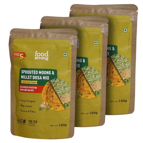 Foodstrong Sprouted Moong Dosa Mix | Chilli Garlic | 150g x 3