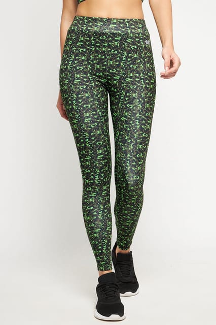 Clovia Snug Fit Active High-Rise Full-Length Printed Tights in Green - Quick-Dry
